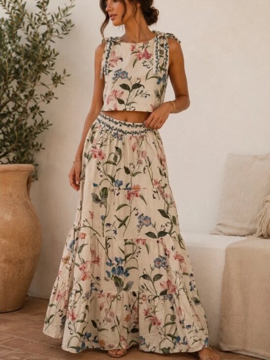 Camila Coelho Dresses & Skirts - Camila Coelho Floral Linen Blend Embroidered Crop Top Maxi Skirt Set L NWT